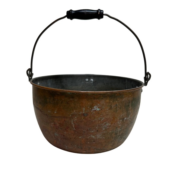 Revere Hammered Copper Apple Butter Kettle Wooden Handle Cauldron Antique - Picture 5 of 12